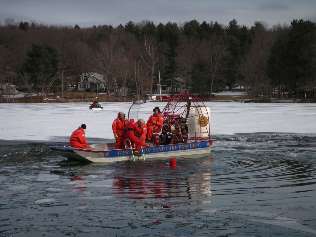 Averill Park - Sand Lake Volunteer Fire Department conducting ice rescue training. The airboat is the only vehicle able to launch rapidly and traverse with equal ease on solid ice, floating ice or open water to quickly provide help when mere seconds make all the difference.