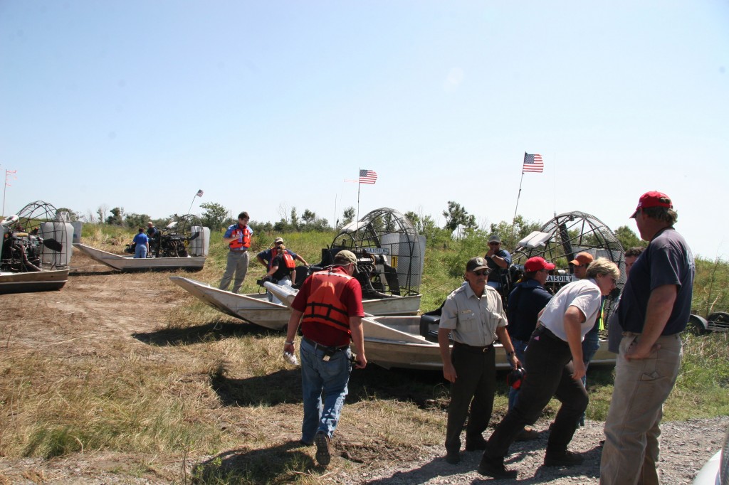 Media prepares to load up on airboats during media tour at Sabine NWR