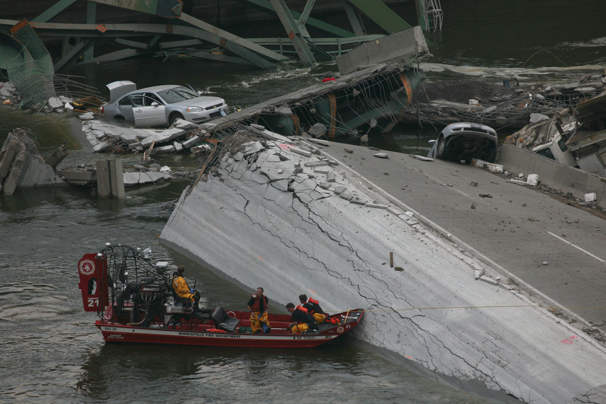 Rescue operations in Minneapolis, MN after the I-35W bridge over the Mississippi collapsed during rush hour on August 1, 2007&nbsp;