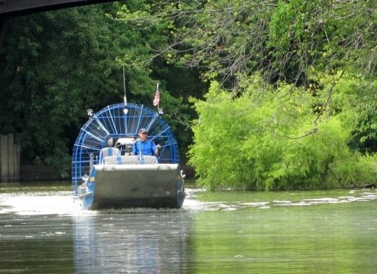 Mike Gasdorf entertains passengers last summer with a history of Fort Wayne’s majestic rivers before beginning his airboat tour through the waterways.